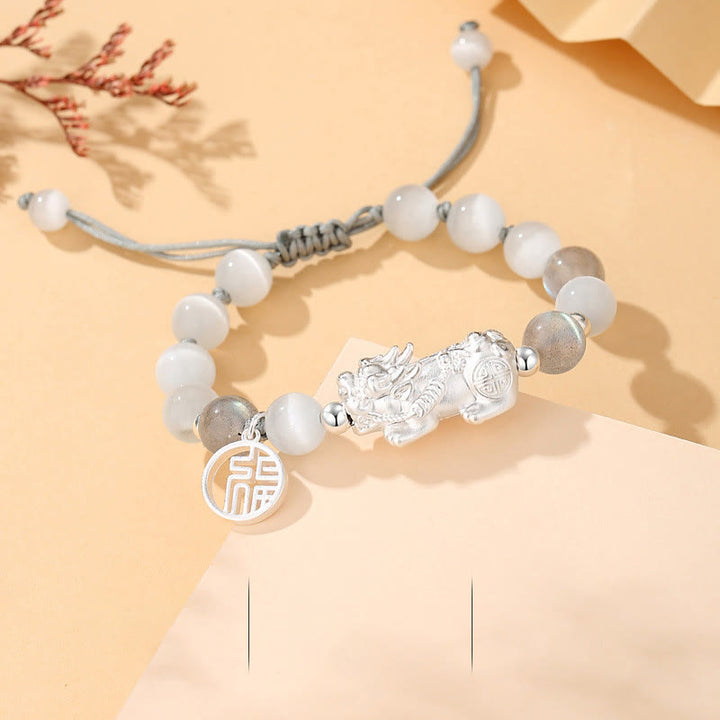 Buddha StonesPi Xiu 六つの真実の言葉 999 スターリングシルバー ブラックオブシディアン ホワイトターコイズ クリソベリル幸運ブレスレット - 999スターリングシルバークリソベリルムーンストーン(手首周り:16~21cm) - image 12