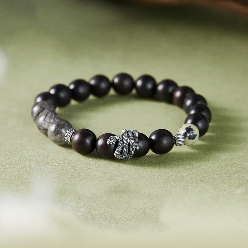 Buddha Stones黒檀ブラックルチルクォーツ 925スターリングシルバー 蛇年 バランスブレスレット - 黒檀ブラックルチルクォーツ(手首周り:18~20cm) - image 0