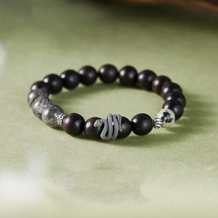 Buddha Stones黒檀ブラックルチルクォーツ 925スターリングシルバー 蛇年 バランスブレスレット - 黒檀ブラックルチルクォーツ(手首周り:18~20cm) - image 0