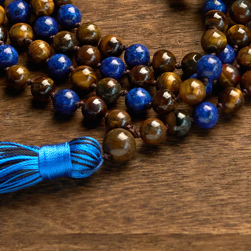 Buddha Stones 108ビーズ 天然石 タイガーアイ ラズライトMalaタッセル 保護ブレスレット