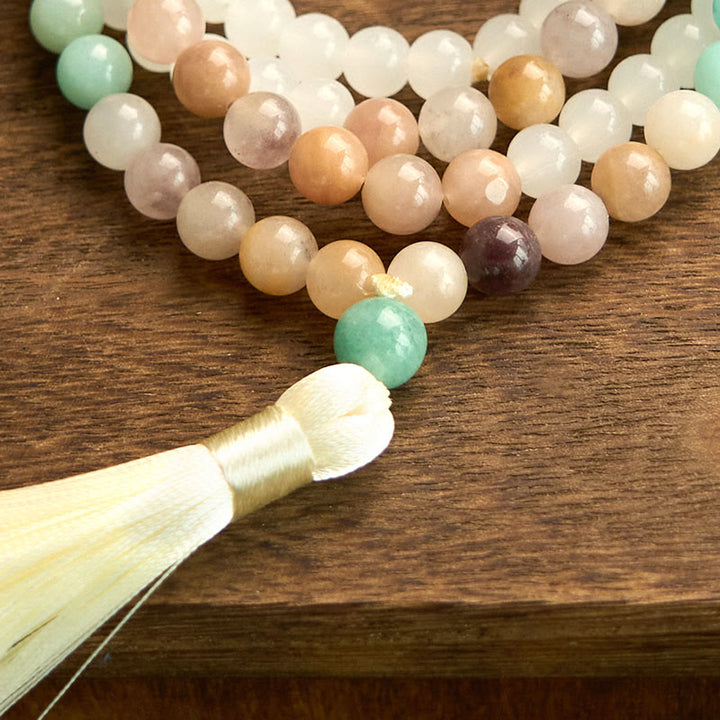 Buddha Stones 108 個入りMalaビーズ 天然ホワイトジェイド アマゾナイト ホワイトタッセル ヒーリングブレスレット