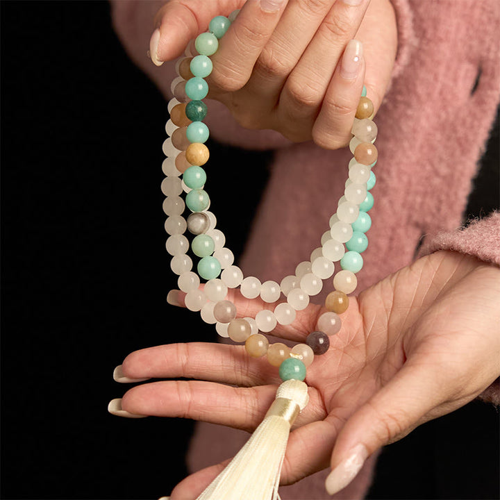 Buddha Stones 108 個入りMalaビーズ 天然ホワイトジェイド アマゾナイト ホワイトタッセル ヒーリングブレスレット