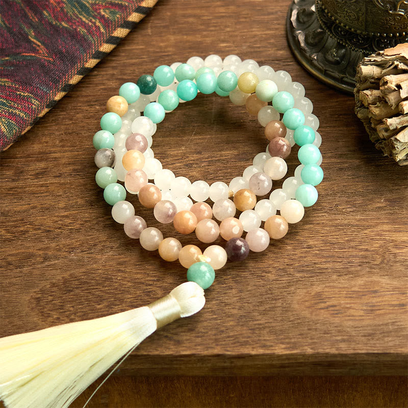 Buddha Stones 108 個入りMalaビーズ 天然ホワイトジェイド アマゾナイト ホワイトタッセル ヒーリングブレスレット