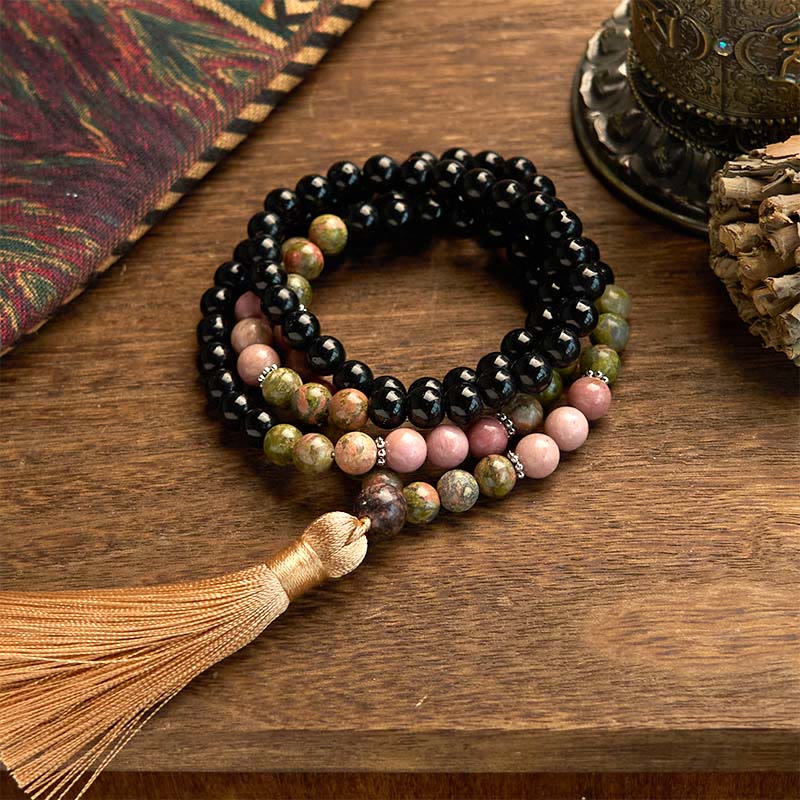 Buddha Stones 108 個入りMalaビーズ ブラックジャスパー ロードナイト カーキ タッセル ヒーリングブレスレット