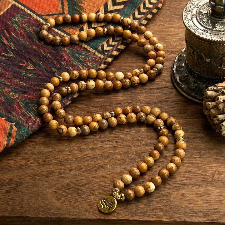 Buddha Stones108 ビーズ ピクチャージャスパーMalaロータス 勇気ブレスレット