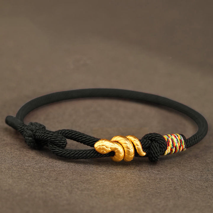 Buddha Stones999ゴールド 蛇年デザイン 手作り 幸運のお守り ロープ編みブレスレット - 黒 - 17~19cm - 金 0.48g - image 18