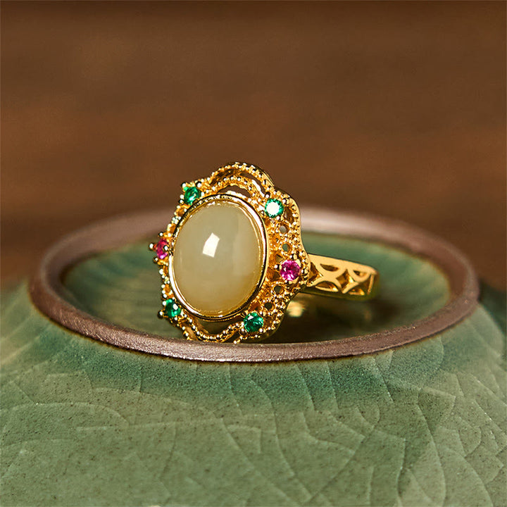 Buddha Stones天然和田翡翠卵型中空模様銅オープン幸運リング