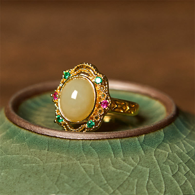 Buddha Stones天然和田翡翠卵型中空模様銅オープン幸運リング