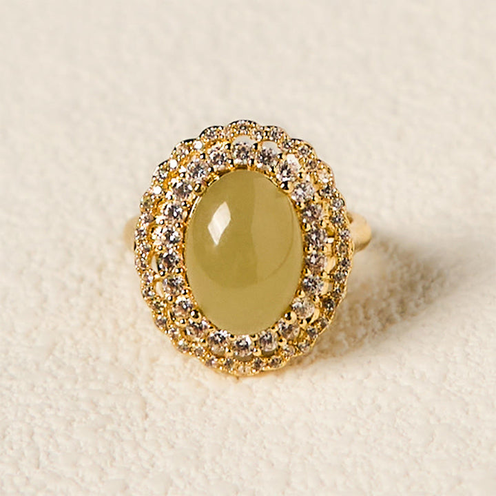 Buddha Stones天然和田翡翠卵型中空二重円ジルコニア銅オープンアバンダンスリング