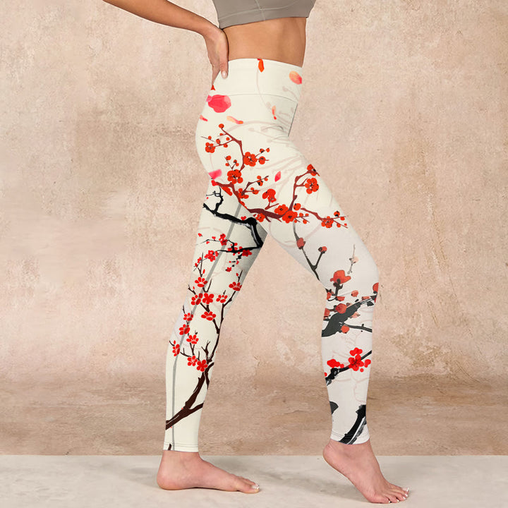 Buddha Stonesと赤い梅の花が咲くプリントのジムレギンス レディース ヨガパンツ - image 17