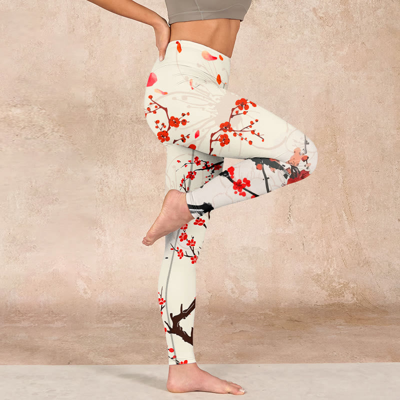 Buddha Stonesと赤い梅の花が咲くプリントのジムレギンス レディース ヨガパンツ - image 16
