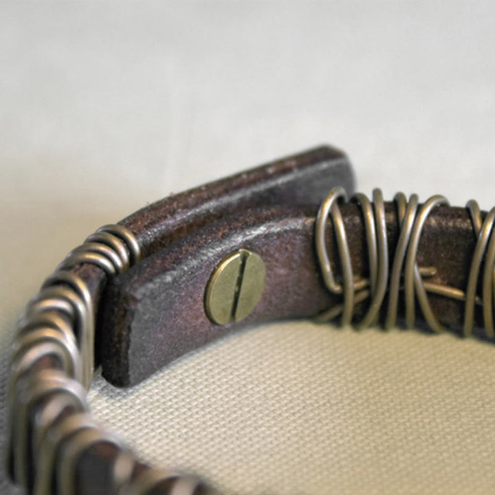 Buddha Stonesヴィンテージレザー 銅 真鍮 ワイヤーラップ バランスブレスレット