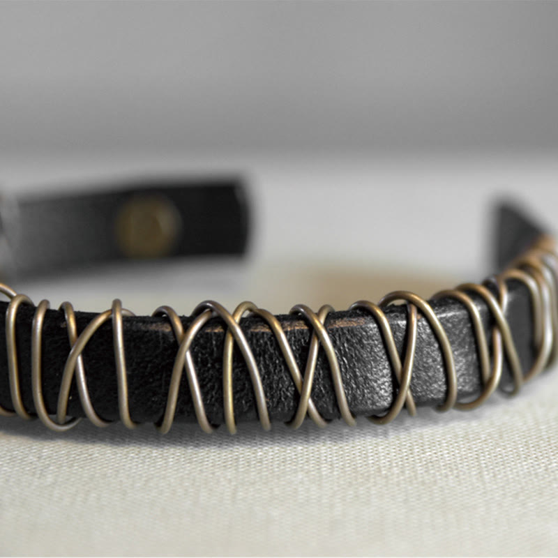 Buddha Stonesヴィンテージレザー 銅 真鍮 ワイヤーラップ バランスブレスレット