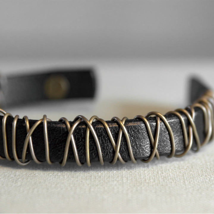 Buddha Stonesヴィンテージレザー 銅 真鍮 ワイヤーラップ バランスブレスレット