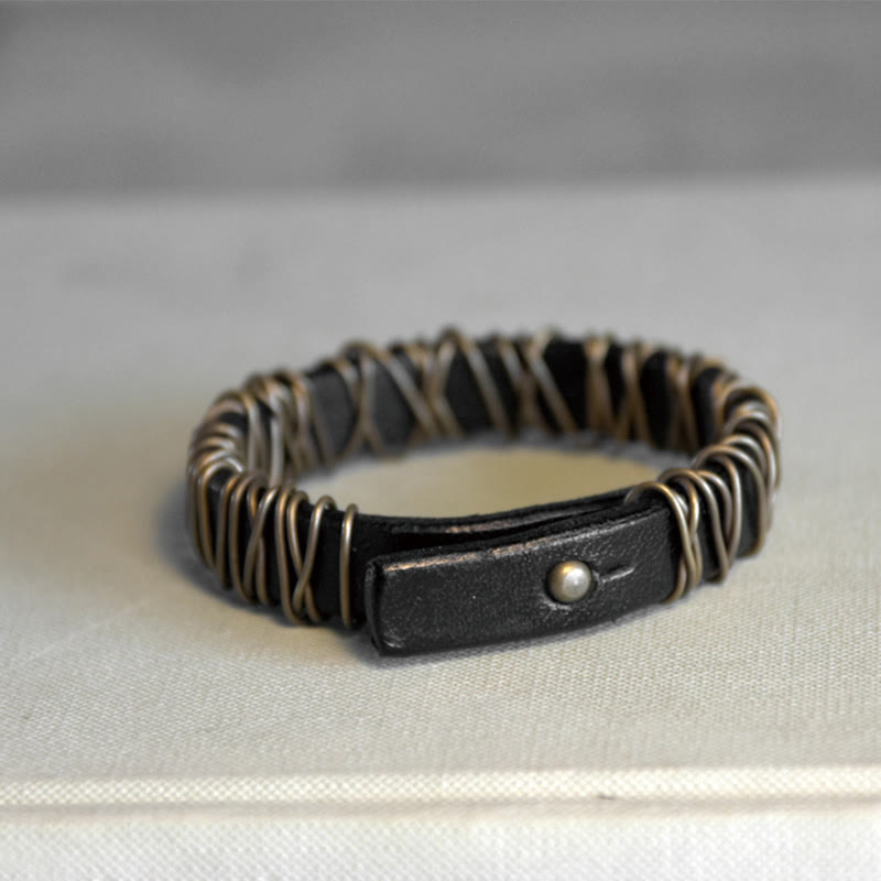 Buddha Stonesヴィンテージレザー 銅 真鍮 ワイヤーラップ バランスブレスレット