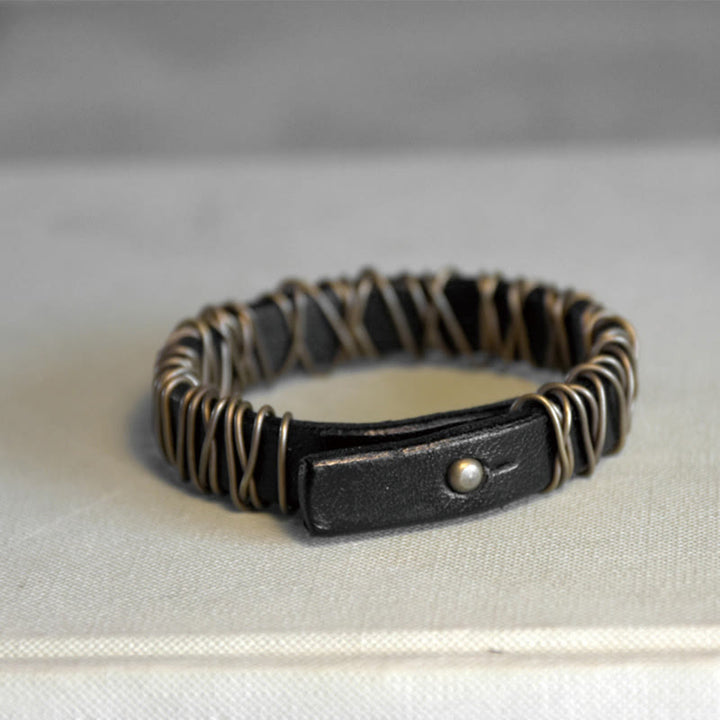 Buddha Stonesヴィンテージレザー 銅 真鍮 ワイヤーラップ バランスブレスレット