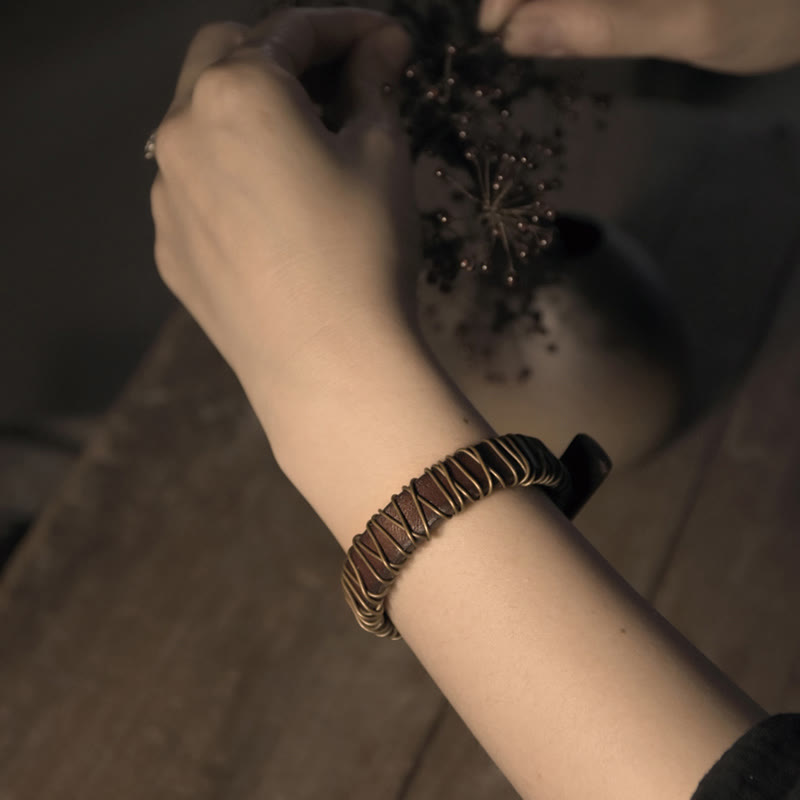 Buddha Stonesヴィンテージレザー 銅 真鍮 ワイヤーラップ バランスブレスレット