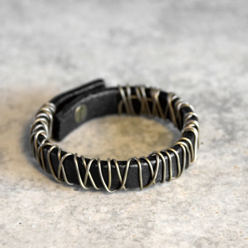 Buddha Stonesヴィンテージレザー 銅 真鍮 ワイヤーラップ バランスブレスレット