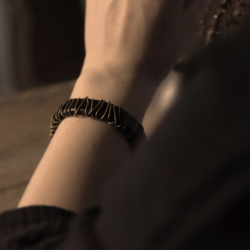 Buddha Stonesヴィンテージレザー 銅 真鍮 ワイヤーラップ バランスブレスレット