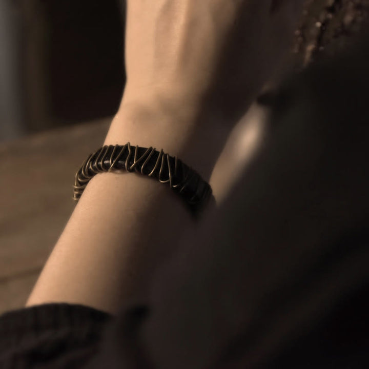 Buddha Stonesヴィンテージレザー 銅 真鍮 ワイヤーラップ バランスブレスレット