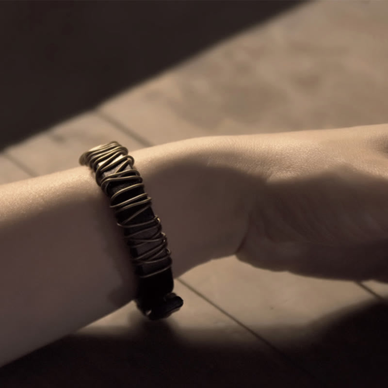 Buddha Stonesヴィンテージレザー 銅 真鍮 ワイヤーラップ バランスブレスレット