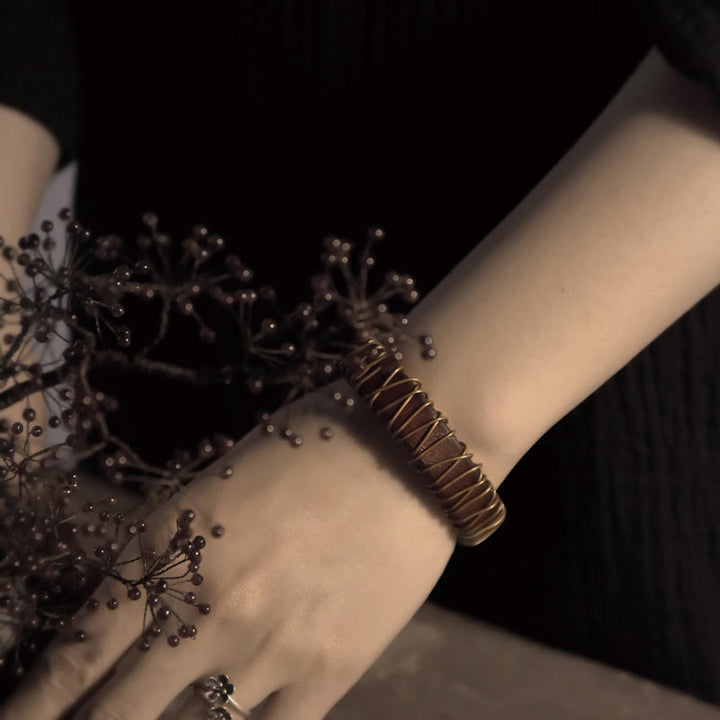 Buddha Stonesヴィンテージレザー 銅 真鍮 ワイヤーラップ バランスブレスレット