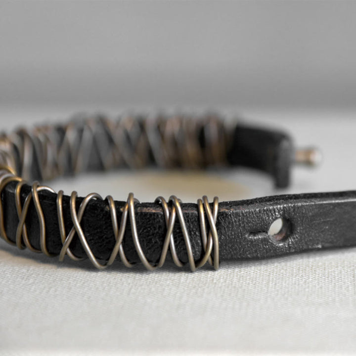 Buddha Stonesヴィンテージレザー 銅 真鍮 ワイヤーラップ バランスブレスレット