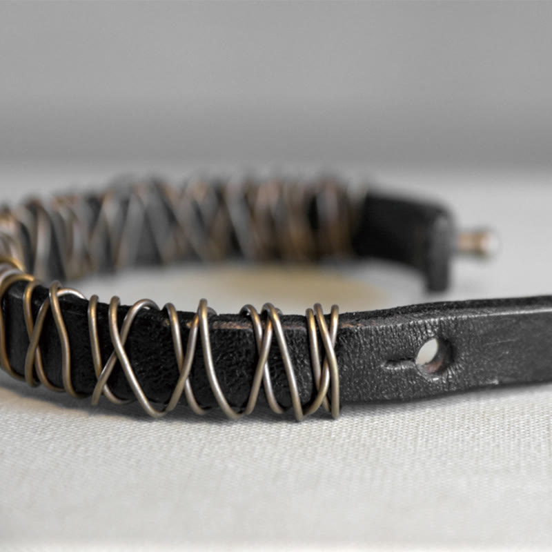 Buddha Stonesヴィンテージレザー 銅 真鍮 ワイヤーラップ バランスブレスレット