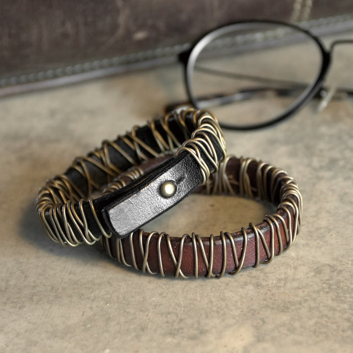 Buddha Stonesヴィンテージレザー 銅 真鍮 ワイヤーラップ バランスブレスレット