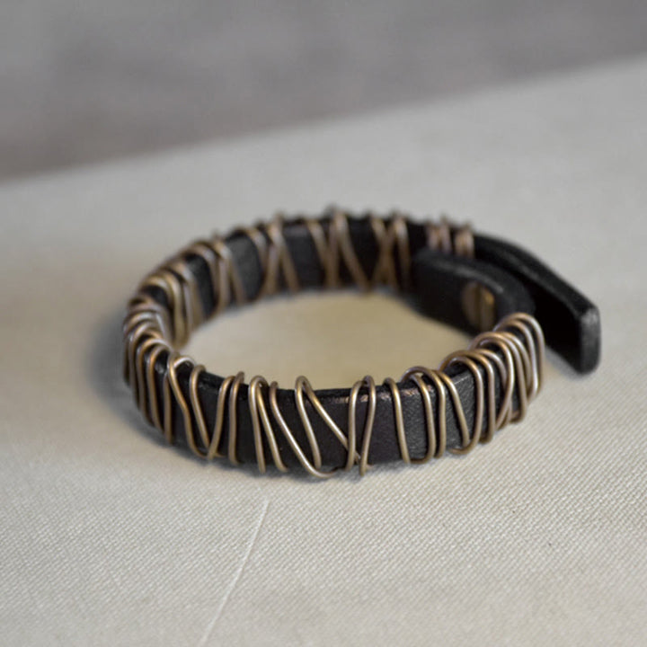 Buddha Stonesヴィンテージレザー 銅 真鍮 ワイヤーラップ バランスブレスレット