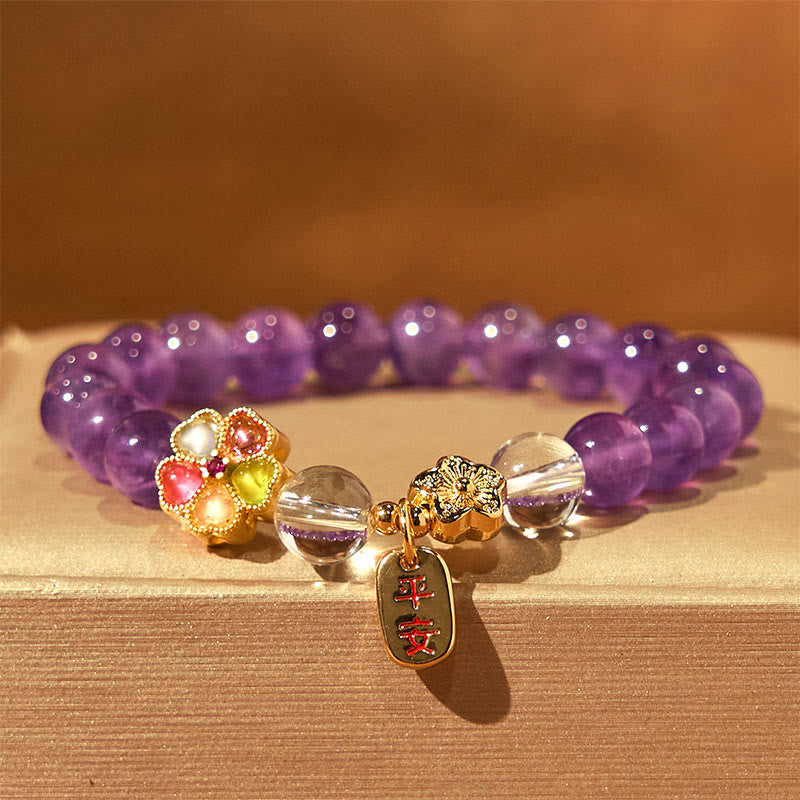 Buddha Stones天然アメジスト ホワイトクリスタル フラワーヒーリング 安全と健康 チャームブレスレット - アメジスト(手首周り:14~17cm) - image 0