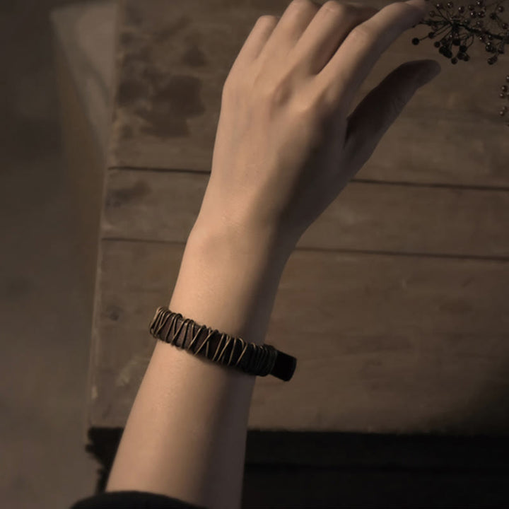 Buddha Stonesヴィンテージレザー 銅 真鍮 ワイヤーラップ バランスブレスレット