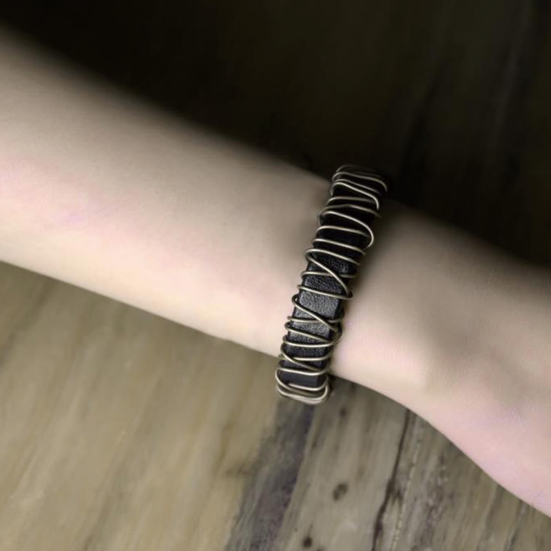 Buddha Stonesヴィンテージレザー 銅 真鍮 ワイヤーラップ バランスブレスレット