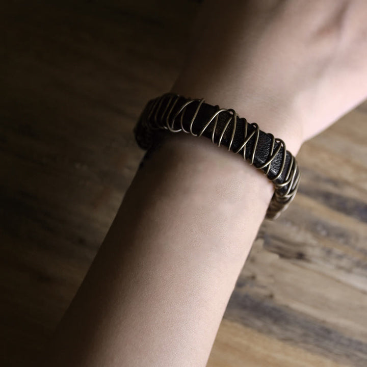 Buddha Stonesヴィンテージレザー 銅 真鍮 ワイヤーラップ バランスブレスレット