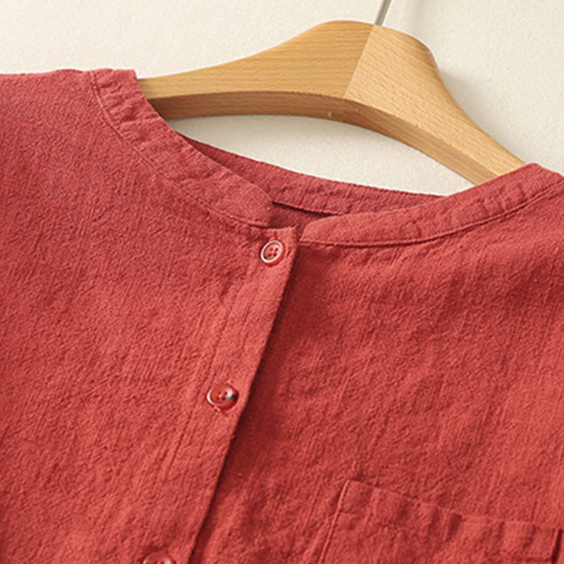 Buddha Stonesカジュアル レディース ゆったり スタンドカラー 長袖デザイン 無地 コットンリネン シャツ - image 1