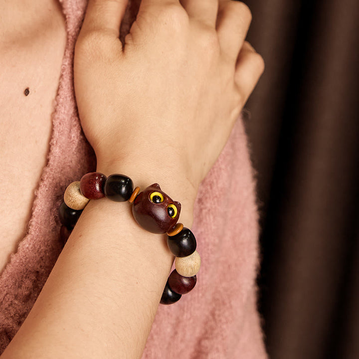 Buddha Stones小葉紫檀黒檀かわいい猫 彫刻守護ブレスレット - image 4