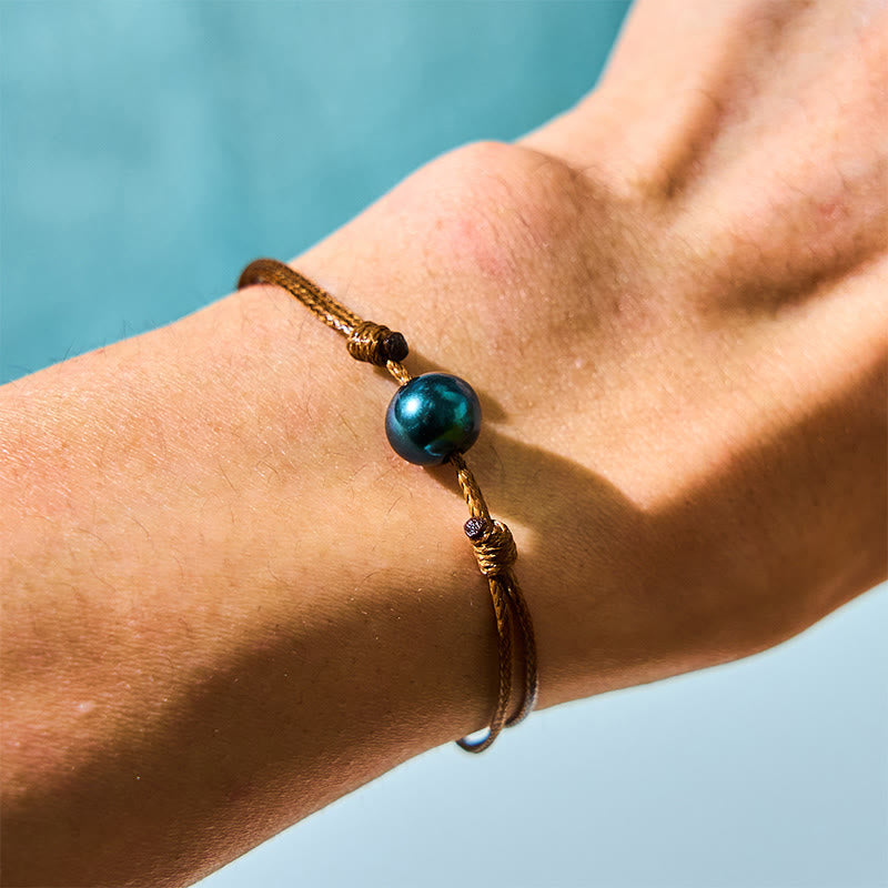 Buddha Stones天然タヒチアンブラックパールビーズ ワックスロープ ヒーリングブレスレット