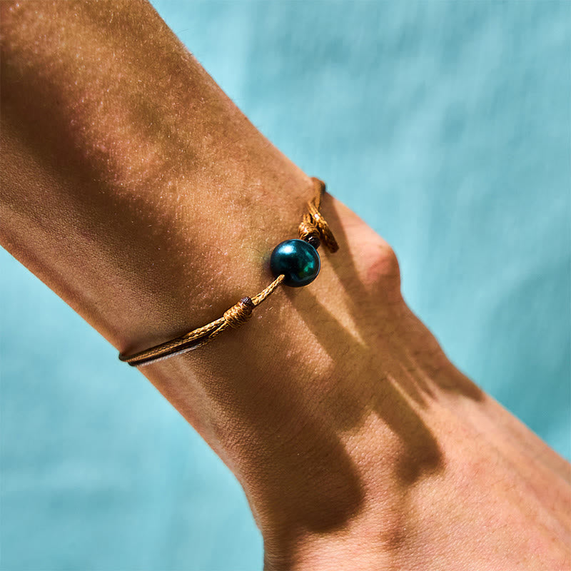 Buddha Stones天然タヒチアンブラックパールビーズ ワックスロープ ヒーリングブレスレット