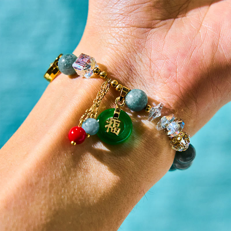 Buddha Stones ストロベリークォーツ&翡翠 福チャーム付き ヒーリングブレスレット