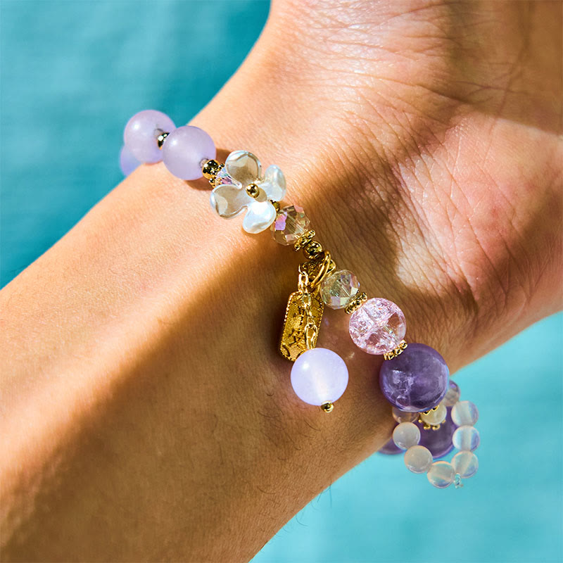 Buddha Stones 天然ブルークォーツ&アメジスト&カルセドニーフラワーモチーフ ヒーリングブレスレット