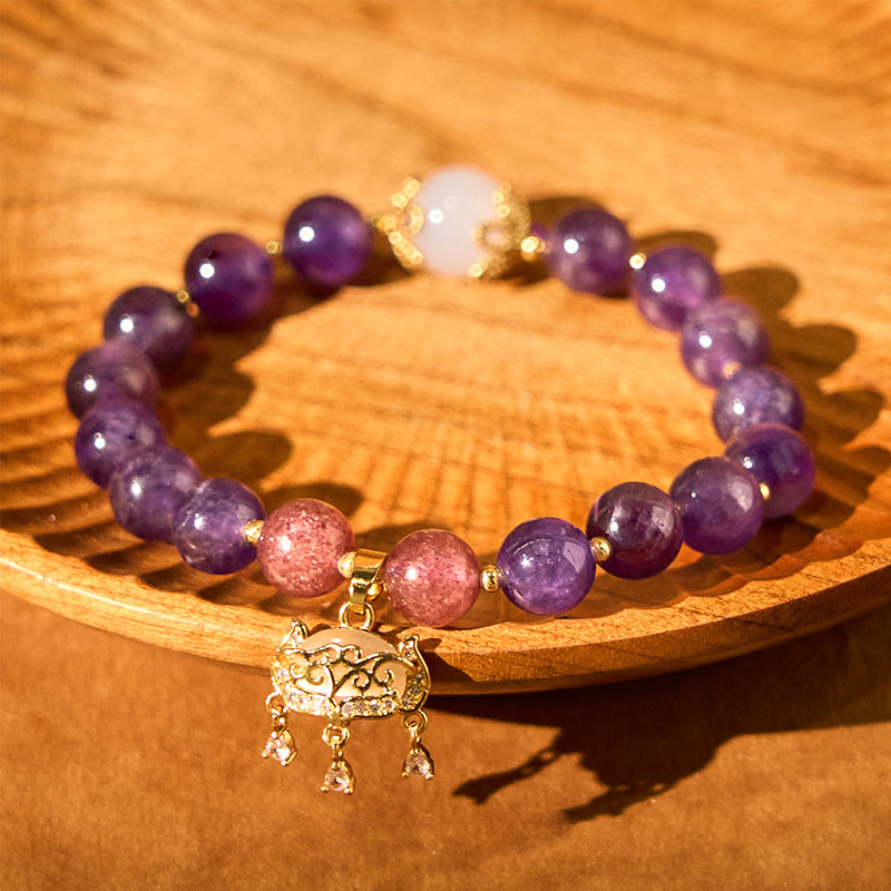Buddha Stones天然アメジスト ストロベリークォーツ ピースロックチャーム ポジティブブレスレット