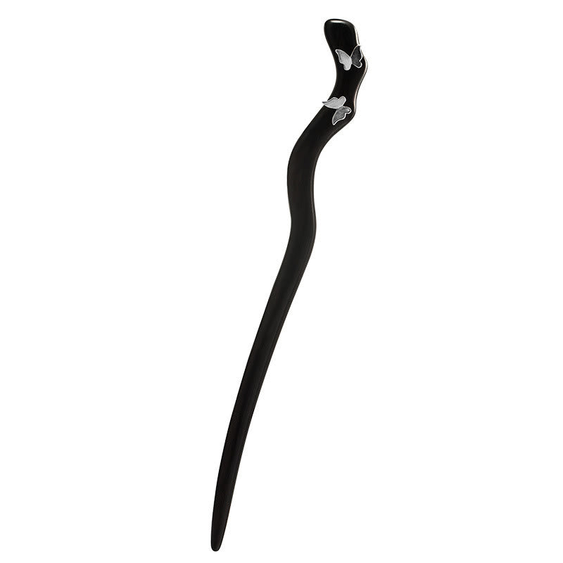 Buddha Stones925 スターリングシルバー クラシック中国風 黒檀 バタフライ リラックス ヘアピン