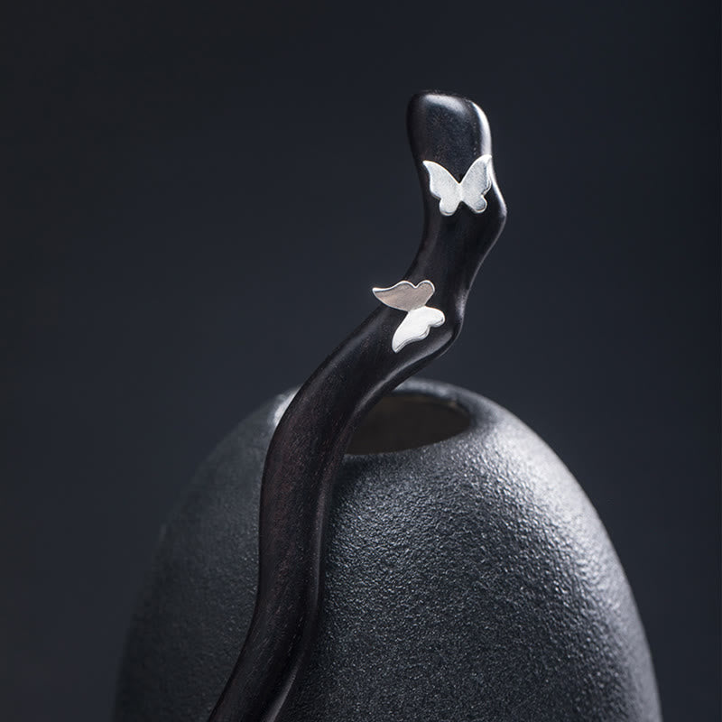 Buddha Stones925 スターリングシルバー クラシック中国風 黒檀 バタフライ リラックス ヘアピン