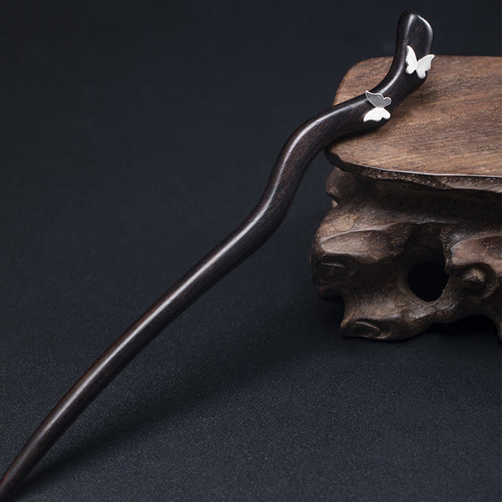 Buddha Stones925 スターリングシルバー クラシック中国風 黒檀 バタフライ リラックス ヘアピン