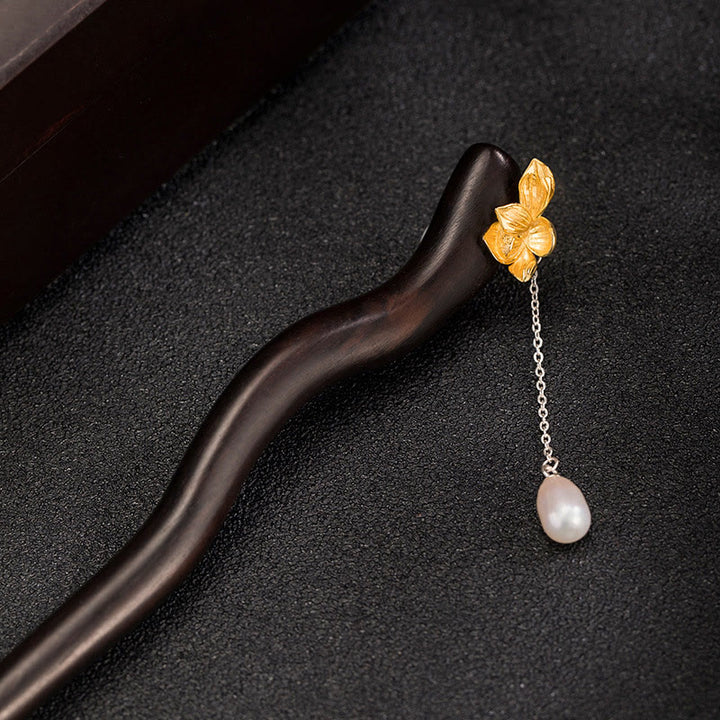 Buddha Stones925 スターリングシルバー クラシック中国風 黒檀 蓮の花 真珠 タッセル 祝福 ヘアピン - ラウツフラワーヘアピン(タッセル付き) - image 0