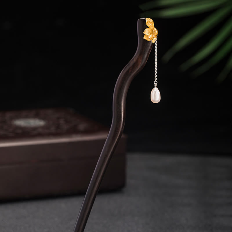 Buddha Stones925 スターリングシルバー クラシック中国風 黒檀 蓮の花 真珠 タッセル 祝福 ヘアピン - image 3
