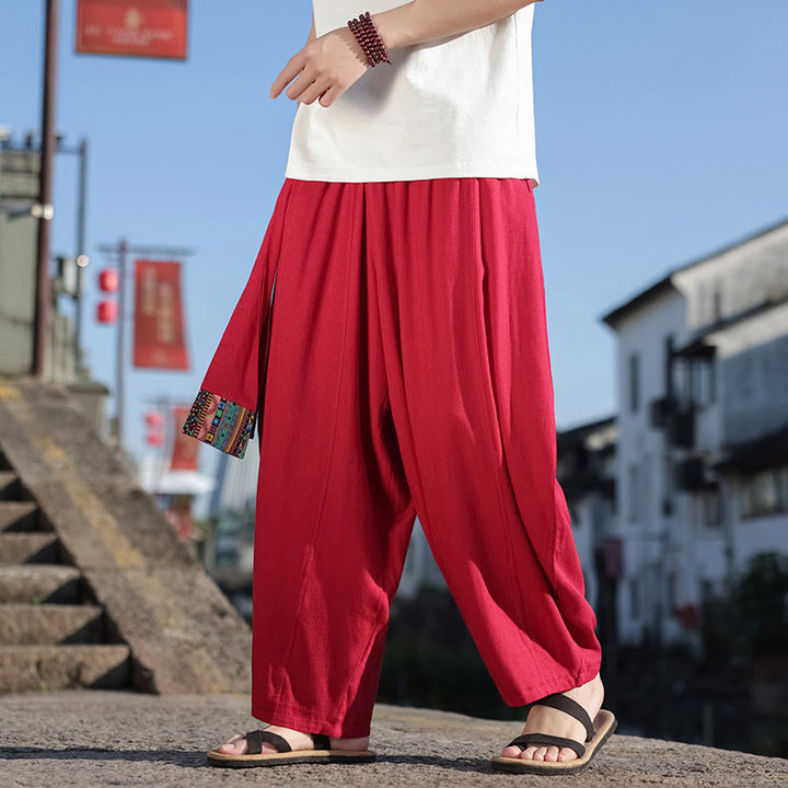Buddha Stonesシンプル パッチワークデザイン ドローストリング ソフトコットン メンズ ワイドレッグパンツ ポケット付き