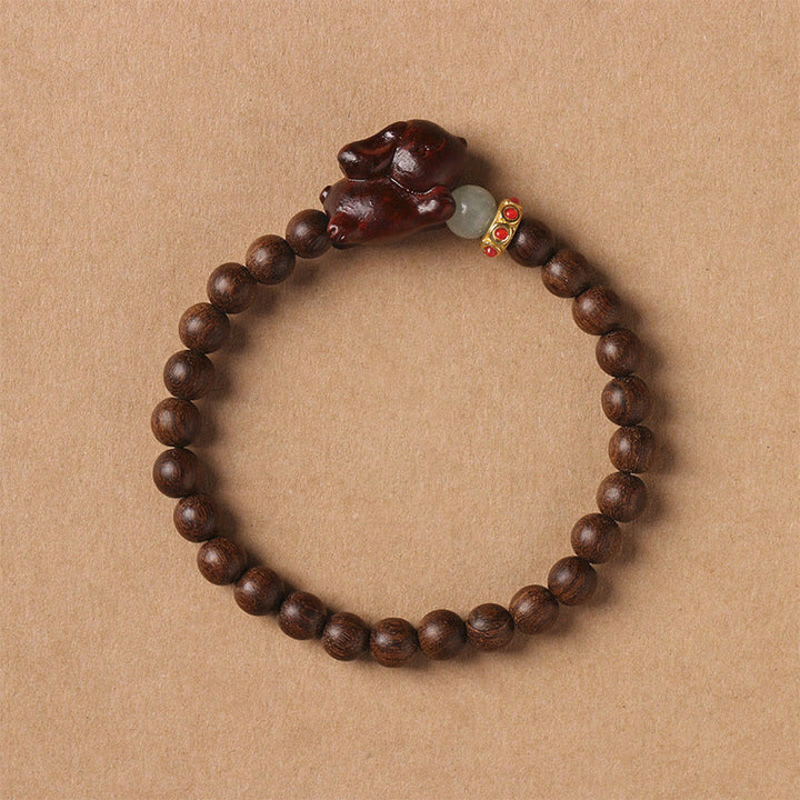Buddha Stonesグリーンサンダルウッド ゴールドサンダルウッド かわいいウサギのポジティブブレスレット