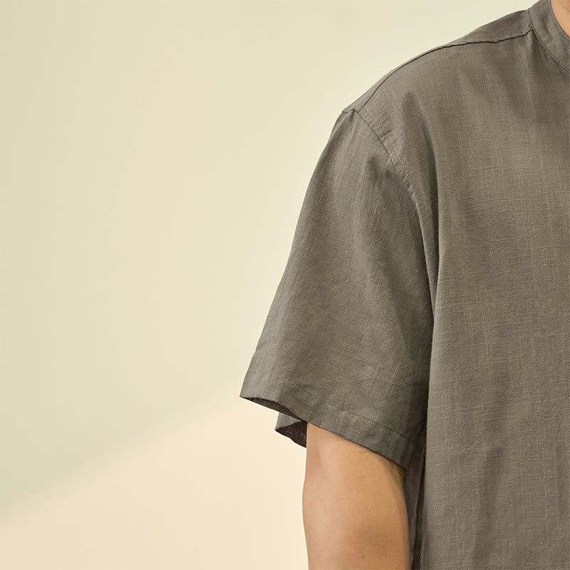 Buddha Stonesメンズ 夏 無地 半袖 ハーフボタン コットンリネン シャツ - image 2