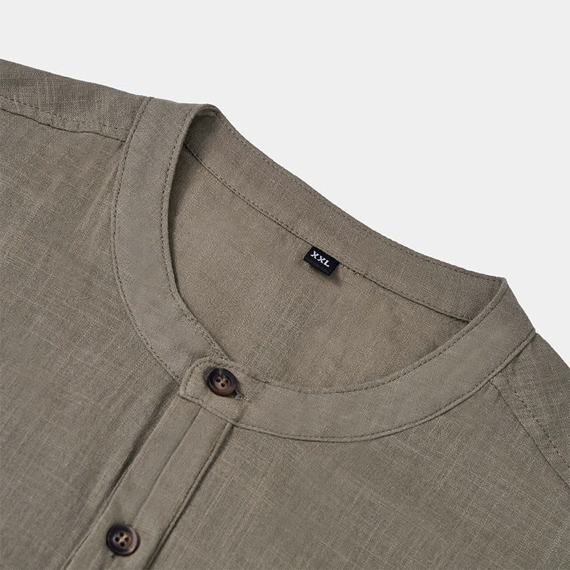 Buddha Stonesメンズ 夏 無地 半袖 ハーフボタン コットンリネン シャツ - image 8